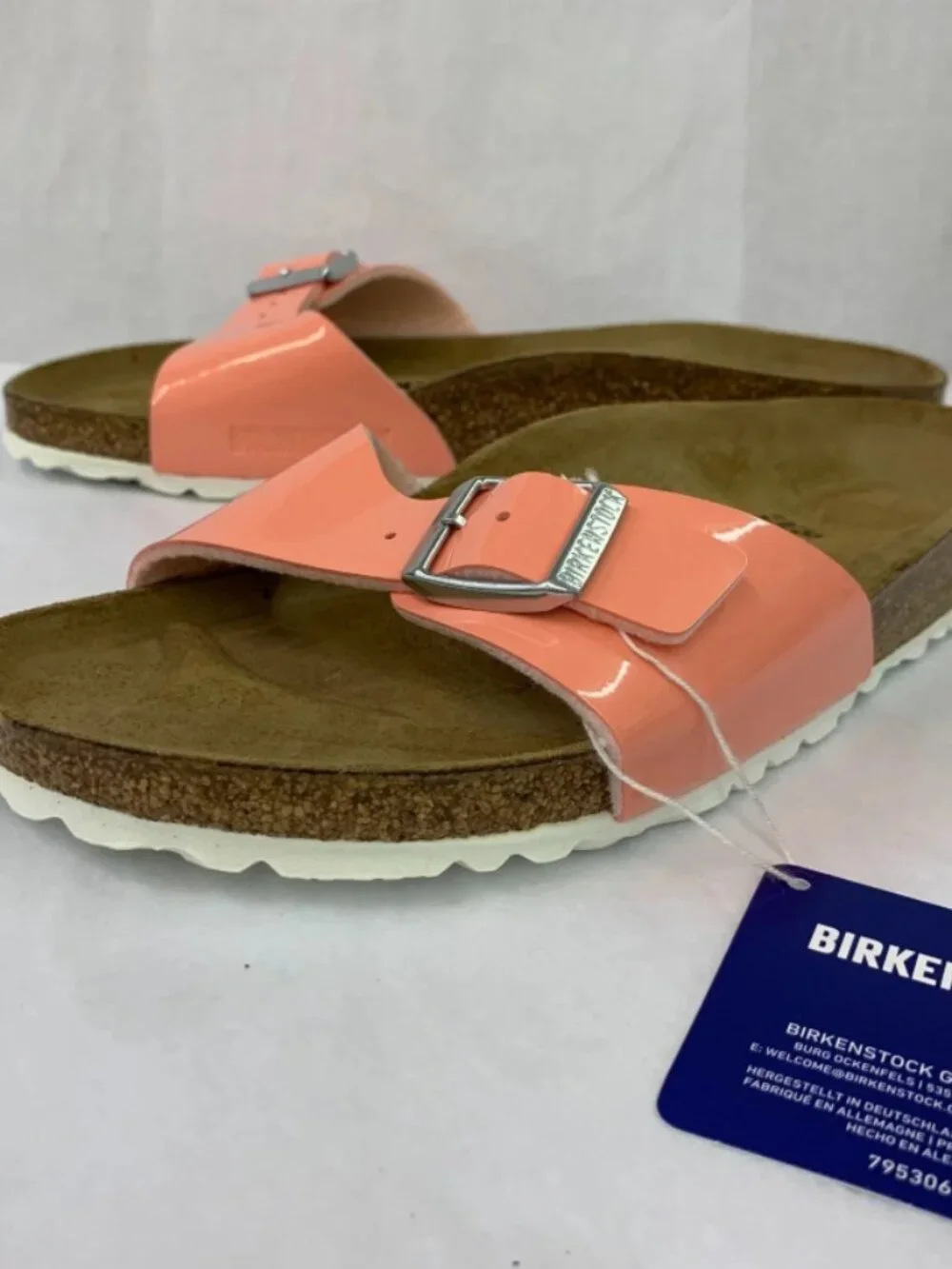 Birkenstock Madrid Patent Coral Peach Birko-Flor Silver Buckle Narrow Width